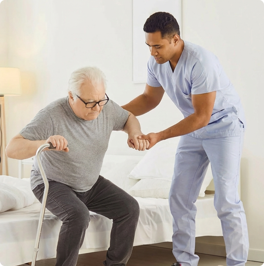 Aged care worker assisting an elderly resident